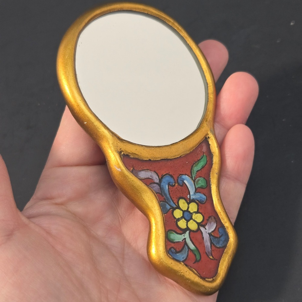 Vintage Peruvian Folk Art Hand Mirror Wood Painted Floral Gold Gilt Cusco Style